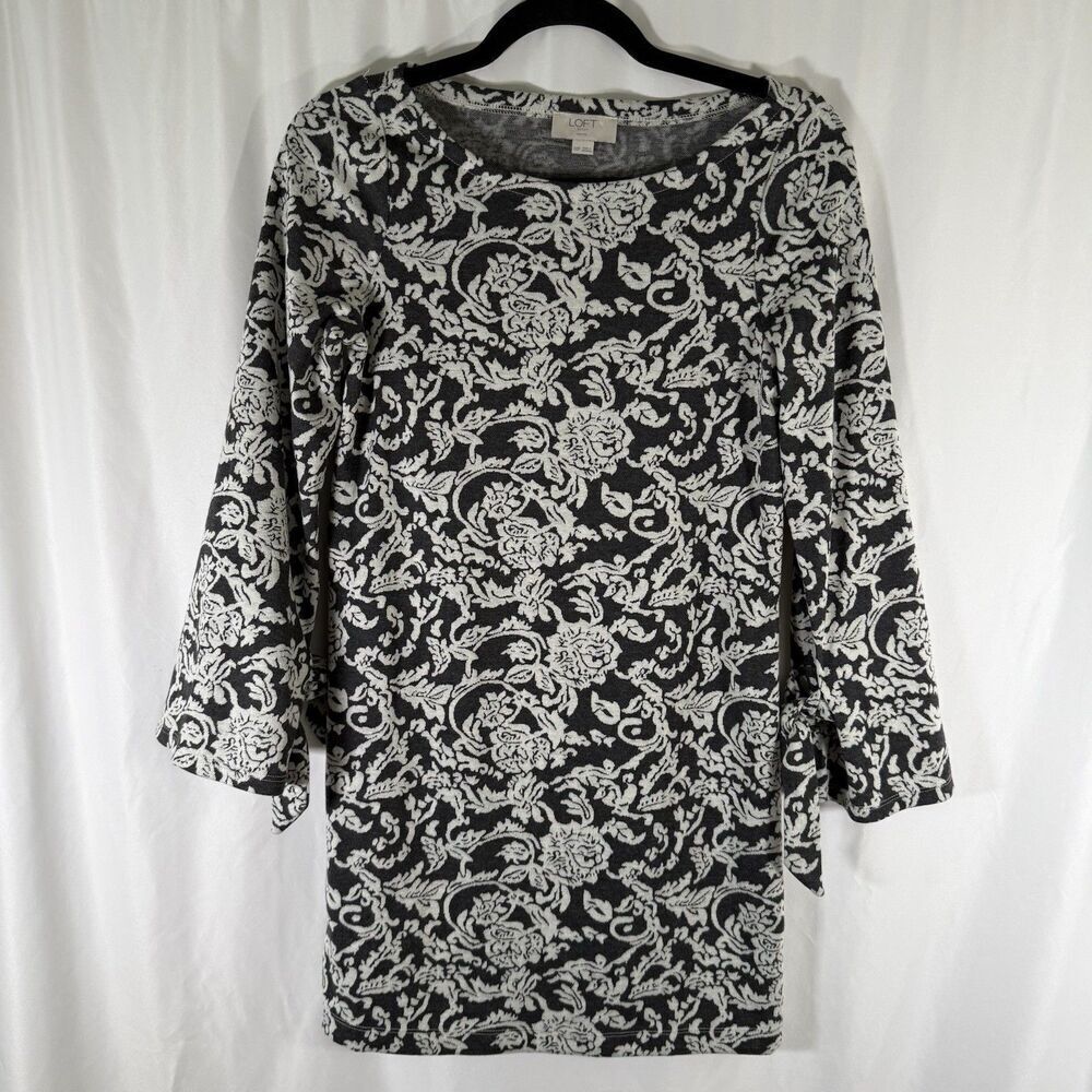 Loft Dress Women's XXS Petite White Grey Floral Long Sleeve Round Neck
